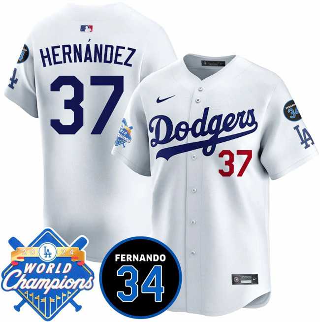 Men%27s Los Angeles Dodgers #37 Teoscar Hernandez White 2024 World Champions & Fernando Memorial Patch Vapor Premier Home Limited Stitched Jersey Dzhi